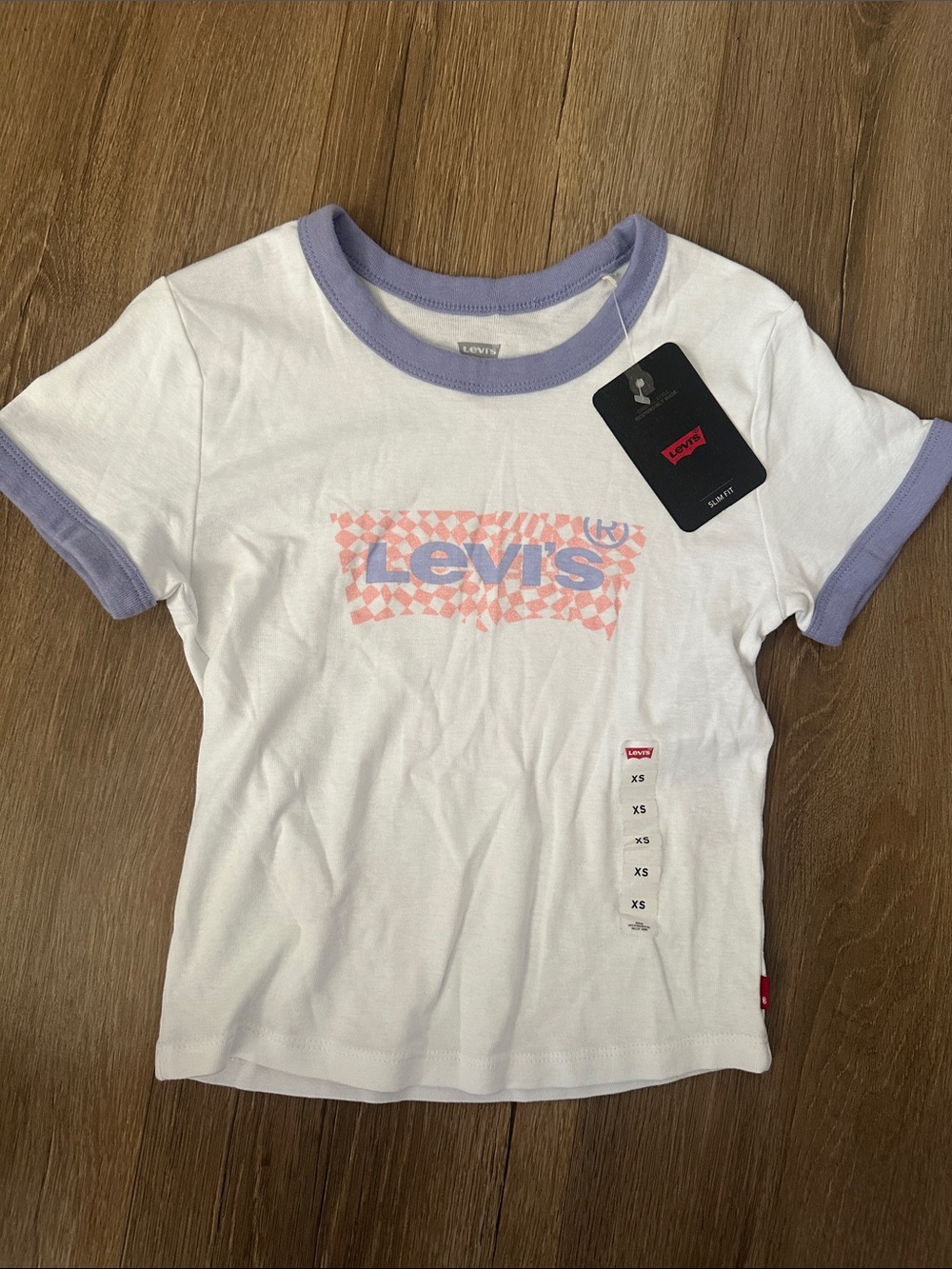 Levi's White Ringer Tee with Lavender Trim and Pink Logo